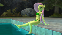 Size: 1600x900 | Tagged: safe, artist:thedirectorlols, fluttershy, anthro, plantigrade anthro, g4, 3d, barefoot, bikini, clothes, feet, female, gmod, kick, looking at you, ripple, rock, sexy, solo, swimming pool, swimsuit, tree