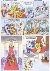 Size: 3485x4935 | Tagged: safe, artist:xeviousgreenii, apple bloom, applejack, rarity, scootaloo, sweetie belle, oc, oc:zircon glaze, cow, comic:the temple of bloom, g4, comic, cutie mark crusaders, desk, traditional art, train