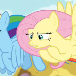 Size: 507x508 | Tagged: safe, screencap, fluttershy, rainbow dash, pony, flutter brutter, g4, animated, female, floppy ears, flying, peeved, scrunchy face, solo focus