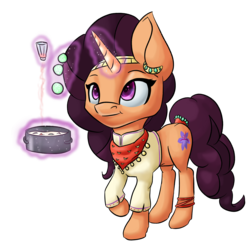 Size: 2712x2641 | Tagged: safe, artist:itresad, saffron masala, g4, spice up your life, bandana, chef, clothes, egg (food), female, food, high res, indian, indian pony, magic, pot, raised hoof, salt, simple background, solo, soup, transparent background