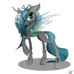 Size: 3000x3000 | Tagged: safe, artist:tyandagaart, queen chrysalis, changeling, changeling queen, g4, crown, female, high res, jewelry, raised hoof, regalia, smiling, solo