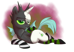 Size: 3507x2480 | Tagged: safe, artist:yulyeen, oc, oc only, oc:tounicoon, changeling, hybrid, bedroom eyes, changeling oc, clothes, green changeling, high res, lying down, male, smiling, smug, socks, solo, striped socks