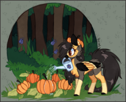 Size: 719x581 | Tagged: safe, artist:tay-niko-yanuciq, oc, oc only, food, forest, gardening, mouth hold, pumpkin, solo, tree