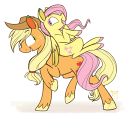 Size: 738x672 | Tagged: safe, artist:selective-yellow, applejack, fluttershy, g4, female, fluttershy riding applejack, hooves, lesbian, ponies riding ponies, raised hoof, riding, ship:appleshy, shipping, simple background, size difference, transparent background, unshorn fetlocks