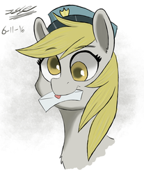 Size: 1700x2050 | Tagged: safe, artist:hypno, derpy hooves, pegasus, pony, g4, bust, cute, female, hat, letter, mailpony, mare, mouth hold, portrait, solo