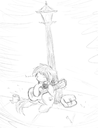 Size: 1852x2400 | Tagged: safe, artist:candel, oc, oc only, oc:candlelight, pony, clothes, eyes closed, flower, guitar, monochrome, saddle bag, scarf, sidewalk, sitting, sketch, solo, streetlight