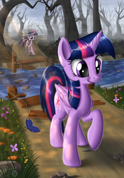 Size: 2000x2858 | Tagged: safe, artist:sirzi, twilight sparkle, alicorn, pony, g4, death, disintegration, fanfic art, female, forest, fridge horror, high res, mare, raised hoof, river, smiling, solo, symbolism, teleportation, the implications are horrible, twilight sparkle (alicorn), water