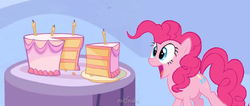 Size: 1680x714 | Tagged: safe, pinkie pie, g4, birthday cake, birthday candles, cake, female, food, happy tree friends, mondo media, solo, this will end in tears and/or death