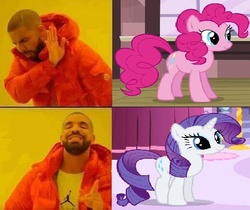 Size: 519x435 | Tagged: safe, edit, pinkie pie, rarity, g4, drake, female, hotline bling, irl, male, op is a duck, op is trying to start shit, photo