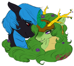 Size: 1452x1294 | Tagged: safe, artist:mixed42media, oc, oc only, oc:jade radiance, oc:vibrato, dracony, dragon, hybrid, antlers, female, flower, flower in hair, jewelry, long mane, male, nuzzling, shipping, simple background, straight, transparent background