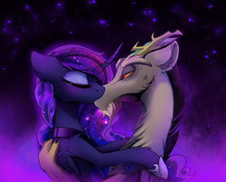 Size: 1366x1100 | Tagged: safe, artist:magnaluna, discord, princess luna, alicorn, draconequus, pony, g4, duo, eyes closed, female, kiss on the lips, kissing, male, mare, ship:lunacord, shipping, straight
