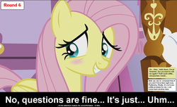 Size: 1600x973 | Tagged: safe, fluttershy, comic:celestia's servant interview, g4, blushing, caption, cs captions, female, interview, solo