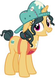 Size: 2100x3000 | Tagged: safe, artist:cheezedoodle96, fresh coat, pony, unicorn, g4, spice up your life, .svg available, apron, background pony, backwards ballcap, baseball cap, clothes, female, floppy ears, hat, high res, inkscape, looking at you, mare, paint on fur, painter, simple background, smiling, solo, svg, transparent background, vector
