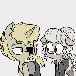 Size: 600x600 | Tagged: safe, artist:whydomenhavenipples, oc, oc only, oc:patches, oc:rem, earth pony, pony, unicorn, northern excursion, clothes, colored, eyepatch, glasses, remches