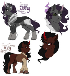 Size: 1928x2100 | Tagged: safe, artist:evehly, oc, oc only, oc:emperor ebony, oc:empress ruby, pony, umbrum, unicorn, clothes, crown, curved horn, fangs, female, horn, jewelry, male, mare, regalia, simple background, stallion