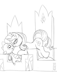 Size: 500x673 | Tagged: safe, artist:pia-sama, rarity, spike, pony, unicorn, g4, bedroom eyes, blushing, boop, cute, eye contact, female, friendship throne, male, mare, monochrome, noseboop, ship:sparity, shipping, sketch, smiling, straight, throne