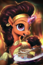 Size: 800x1200 | Tagged: safe, artist:assasinmonkey, saffron masala, pony, unicorn, g4, spice up your life, bandana, beans, bread, chef, clothes, ear piercing, earring, female, food, horn, horn ring, indian, indian pony, jewelry, levitation, looking at you, magic, mare, open mouth, piercing, plate, ring, signature, smiling, solo, telekinesis
