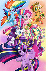 Size: 3300x5100 | Tagged: safe, artist:chibi-jen-hen, applejack, fluttershy, pinkie pie, rainbow dash, rarity, twilight sparkle, alicorn, earth pony, pegasus, pony, unicorn, g4, twilight's kingdom, absurd resolution, applejack's hat, colored wings, cowboy hat, female, freckles, group, hat, horn, looking at you, mane six, mare, multicolored wings, one eye closed, open mouth, open smile, rainbow power, rainbow wings, sextet, smiling, smiling at you, spread wings, twilight sparkle (alicorn), wings, wink, winking at you