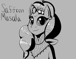 Size: 1300x1000 | Tagged: safe, artist:determinedtodrawut, saffron masala, unicorn, anthro, g4, spice up your life, bust, female, gray background, grayscale, looking at you, monochrome, simple background, solo