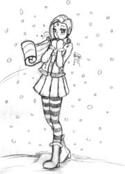 Size: 1688x2344 | Tagged: safe, artist:leadhooves, rarity, human, g4, female, humanized, monochrome, snow, snowfall, solo