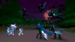 Size: 3840x2160 | Tagged: safe, artist:viranimation, flitter, queen chrysalis, rumble, changeling, pegasus, pony, g4, 3d, colt, dark, everfree forest, female, high res, male, mare, ship:flitterumble, shipping, source filmmaker, story included, straight