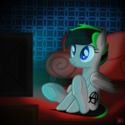 Size: 3000x3000 | Tagged: dead source, safe, artist:nevermattie, oc, oc only, bat pony, pony, canon x oc, commission, couch, cute, high res, night, shipping, sitting, solo, television, vector