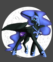 Size: 1250x1470 | Tagged: safe, artist:backlash91, nightmare moon, g4, female, grin, looking at you, moon, smiling, solo, spread wings