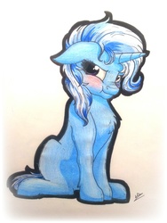Size: 1224x1632 | Tagged: safe, artist:lupiarts, trixie, pony, unicorn, g4, :t, blushing, chest fluff, cute, diatrixes, female, mare, scrunchy face, sitting, solo, traditional art