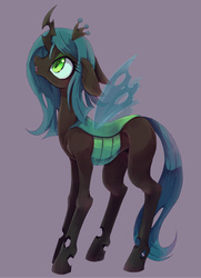 Size: 800x1103 | Tagged: safe, artist:kolshica, queen chrysalis, changeling, changeling queen, nymph, g4, crown, cute, cutealis, female, filly, filly queen chrysalis, foal, jewelry, purple background, regalia, simple background, solo, teenager, younger