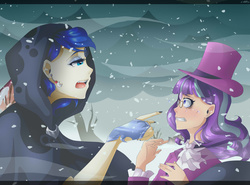 Size: 2700x2000 | Tagged: safe, artist:loure201, princess luna, snowfall frost, spirit of hearth's warming yet to come, starlight glimmer, human, g4, cloak, clothes, crying, high res, humanized, luna's future, nail polish, scene interpretation, snow, snowfall