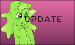 Size: 950x567 | Tagged: safe, artist:oouichi, oc, oc only, oc:ooui, goo pony, original species, boop, solo, text