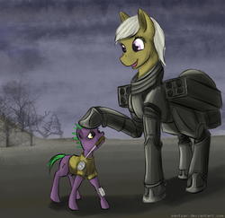 Size: 1545x1503 | Tagged: safe, artist:pantzar, oc, oc only, oc:banana cream pie, pony, fallout equestria, armor, cute, giant pony, knife, macro, power armor, raider, size difference, steel ranger