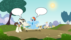 Size: 1600x900 | Tagged: safe, gizmo, rainbow dash, g4, comic, crack shipping, crush, custom comic, female, fill in the blanks, gizmodash, male, park, ponyville, shipping, speech bubble, straight