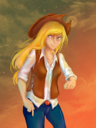 Size: 768x1024 | Tagged: safe, artist:fluffyneco, applejack, human, g4, female, humanized, moon, solo, twilight (astronomy)