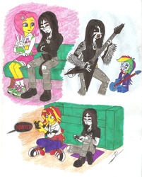 Size: 4993x6201 | Tagged: safe, artist:metaldudepl666, angel bunny, fluttershy, rainbow dash, sunset shimmer, oc, oc:shadow sketch, cat, equestria girls, g4, absurd resolution, alternate custom, black metal, controller, corpse paint, dark souls, equestria girls-ified, fetish, flying v, future, game, guitar, humanized, metalhead, musical instrument, self insert, slice of life, sneakers, sneakers fetish, summoning, xbox 360, xbox 360 controller