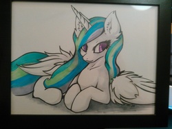 Size: 1200x900 | Tagged: safe, artist:sapphfyr, princess celestia, g4, ear fluff, female, prone, solo, traditional art