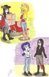 Size: 4503x6983 | Tagged: safe, artist:metaldudepl666, applejack, rarity, oc, oc:shadow sketch, equestria girls, g4, absurd resolution, boots, cider, cowboy, cowboy boots, cowboy hat, equestria girls-ified, future, glans, hat, metalhead, motorhead, shoes, slice of life, working