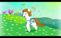 Size: 1440x900 | Tagged: safe, pony, candy, eyes closed, food, lesley gore, lollipop, music notes, ponified, rainbow, singing, solo, sunshine