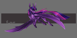 Size: 2000x1000 | Tagged: safe, artist:runeaxdoodles, twilight sparkle, alicorn, pony, g4, curved horn, female, flying, horn, solo, twilight sparkle (alicorn)