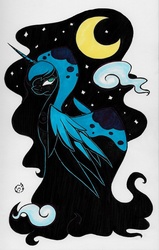 Size: 1631x2564 | Tagged: safe, artist:nekotigerfire, princess luna, spirit of hearth's warming yet to come, g4, cloak, clothes, female, moon, solo, traditional art
