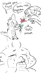 Size: 583x1024 | Tagged: safe, artist:nobody, princess ember, spike, dragon, g4, allergic reaction, blushing, comic, crying, dialogue, drool, female, flower, male, open mouth, pointing, ship:emberspike, shipping, sketch, smiling, straight, wide eyes