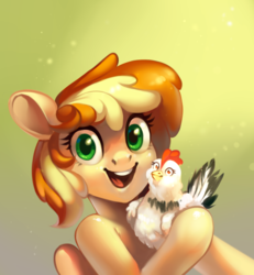 Size: 1101x1191 | Tagged: safe, artist:share dast, oc, oc only, oc:chickpea, oc:porridge, chicken, pegasus, pony, commission, looking at you, pet, pet oc, smiling