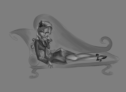 Size: 3945x2883 | Tagged: safe, artist:yuntaoxd, rarity, human, equestria girls, g4, rarity investigates, black and white, clothes, coat, draw me like one of your french girls, fainting couch, female, grayscale, high heels, high res, humanized, monochrome, sketch, solo, trenchcoat