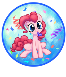Size: 3200x3700 | Tagged: safe, artist:inowiseei, pinkie pie, earth pony, pony, g4, cute, female, high res, looking at you, mare, noisemaker, party horn, simple background, sitting, smiling, solo, streamers, transparent background
