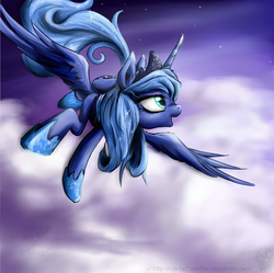 Size: 1343x1335 | Tagged: safe, artist:rule1of1coldfire, princess luna, pony, g4, female, flying, s1 luna, solo