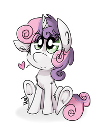 Size: 1535x2047 | Tagged: safe, artist:mad-maker-cat, sweetie belle, pony, unicorn, g4, chest fluff, cute, diasweetes, ear fluff, eye clipping through hair, female, filly, frog (hoof), heart, leg fluff, simple background, sitting, solo, underhoof, white background