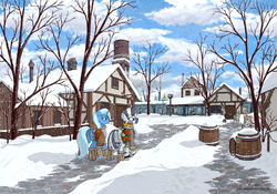 Size: 3000x2100 | Tagged: safe, artist:eriada, trixie, zecora, pony, unicorn, zebra, g4, boots, clothes, female, high res, mare, saddle bag, scenery, snow, snowfall, train, train station, water tower, winter