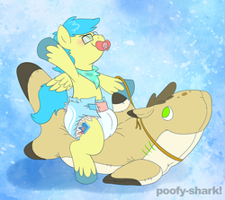 Size: 1200x1071 | Tagged: safe, artist:poofy-shark, oc, oc only, oc:cobalt arrow, shark, adult foal, cute, diaper, non-baby in diaper, pacifier, plushie, poofy diaper, shark plushie, solo
