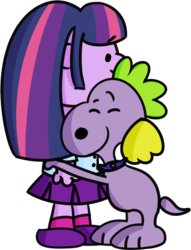 Size: 619x812 | Tagged: safe, artist:pastelhorses, spike, twilight sparkle, equestria girls, g4, charles m schulz, crossover, hug, peanuts, style emulation