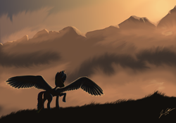 Size: 3000x2100 | Tagged: safe, artist:agypsybard, rainbow dash, fanfic:austraeoh, g4, fanfic art, female, grass, high res, mountain, mountain range, raised hoof, scenery, silhouette, solo, spread wings
